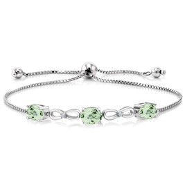 Gem Stone King 2.27 Cttw Oval Green Prasiolite and Lab Grown Diamond 925 Sterling Silver Bracelet For Women | Adjustable Bolo Bracelet For Women | Oval 7X5MM Easy-On Easy-Off
