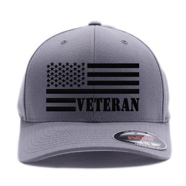 Veteran American Flag Embroidered Flex Fitted Hat. Custom Embroidered Baseball Cap (S/M, Grey)