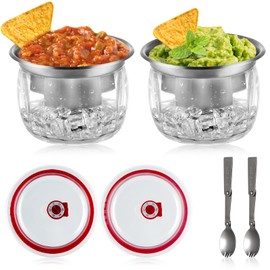MOLIGOU 2 Pack Ice Chilled Dip Bowl with Lid, 22oz Chilled Serving Bowl for Parties, Dip Bowl on Ice with Stainless Steel Sporks