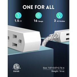 PLUGTUL Flat Plug Extension Cord 1.5 FT, 3 Outlet Braided White Extension Cord, 16 Gauge 3 Prong Grounded Wire, Home and Office, ETL Listed