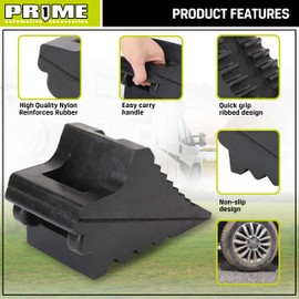 PR1ME Solid Rubber Wheel Chocks, 2 Pack, Black, 8.6" x 3.7" x 4.7“, Heavy Duty Trailer Chock Block, Heavy Duty Rubber Wedge, with Ergonomic Carry Handle for Camper, Trailer, RV, Truck