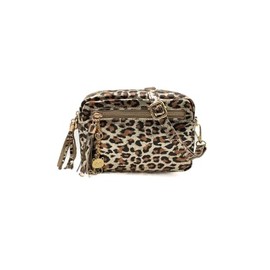 Kitise Women's Italian Genuine Leather Metallic Leopard Print Tassel Charm Small Camera Hanbdag Crossbody Bag -BROWN