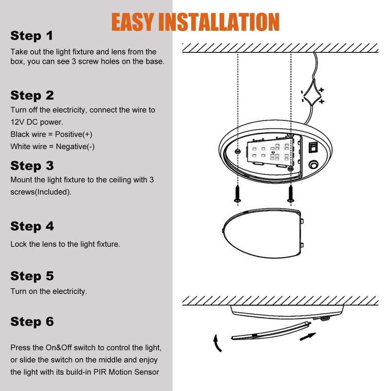 Facon 12V Single Dome RV Pancake Light with On&Off Switch,