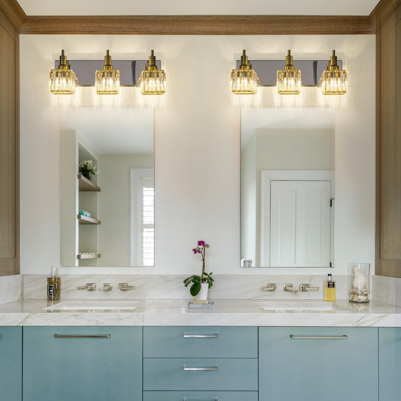 HUOKU Crystal Bathroom Vanity Light Gold Chrome 3-Light Modern Bathroom
