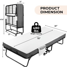 TLGREEN Portable Folding Bed with Mattress – 75" x 31" Cot-Size Rollaway Bed with Mattress for Adults | 4-Inch Memory Foam Mattress | Heavy-Duty 480 lbs Capacity | Space-Saving Design