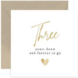 Old English Co. Three Years Down Forever To Go Wedding Anniversary Card for Husband or Wife - Special Gold Foil 3rd Anniversary Celebration Card - Leather Third Anniversary | Blank Inside Envelope