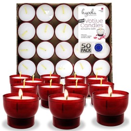 Hyoola Tea Lights Votive Candles Pack of 50 - Red Votive Candles Unscented in Plastic Cup - 7 Hour Burn Time Unscented Votive Candles - European Made