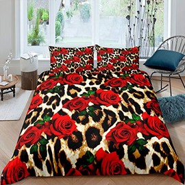 Loussiesd Leopard Duvet Cover Double Size Rose Flower Bedding Set for Kids Girls Women Red Floral Petal Pattern Bedding & Linen Branches Green Leaf Cheetah Quilt Cover With 2 Pillow Case