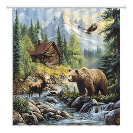 YOZSLGU Country Rustic Cabin Bear Elk Shower Curtain Eagle Moose Deer Camping Lodge Hunting Wildlife Animals Nature Fabric Bathroom Decor Curtains with Hooks, 70" Wx70 H