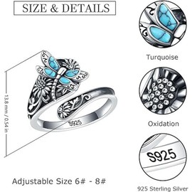Wasise Turquoise Jewelry for Women - Boho Dragonfly Ring, Sterling Silver Turquoise Wrap Ring Women, Sunflower Adjustable Thumb Rings for Girls, Vintage Antique Jewelry Gifts, Stackable Rings