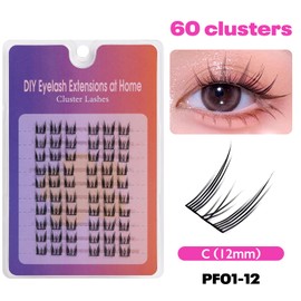 Lash Clusters DIY Cluster Eyelash Extensions Kit 60pcs Individual Lashes, No Glue Needed, Lightweight & Comfortable, Reusable False Lashes with Thin Band for Easy Self-Application at Home (PF01-12)