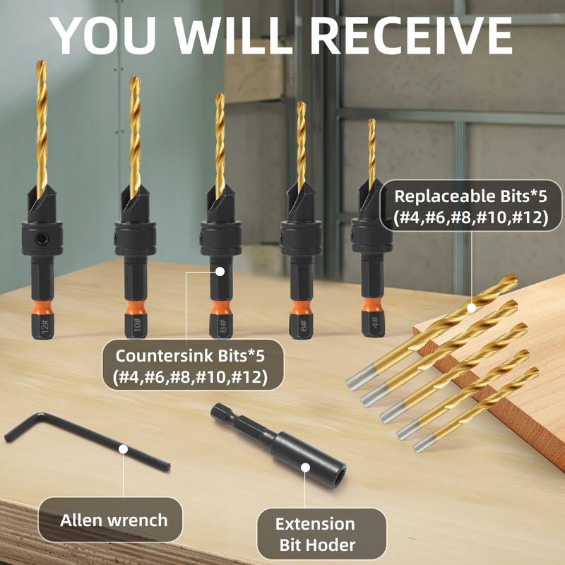 YQANDL 12Pcs HSS Adjustable Countersunk Drill Bits for Woodworking