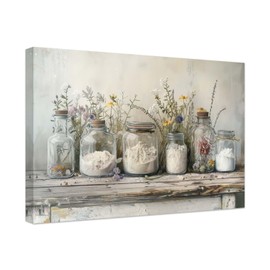 SWQYLB Country Farm Kitchen Wall Art Spice Pictures Mason Jar Still Life Painting Culinary Canvas Art Wildflower Prints Dining Room Home Decor Framed (16.00" x 24.00")