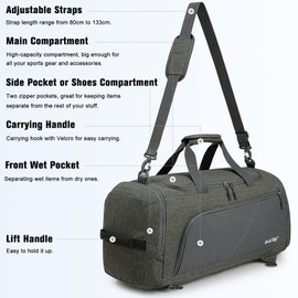 G4Free 45L/60L Large Sports Bag & Travel Bag for Men and Women with Shoe Compartment & Wet Compartment / Training Bag & Gym Bag & School Sports Bag / for School & Sports & Fitness & Travel, lightgrey,