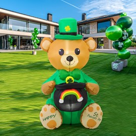 SHDEJTG 4 Ft St Patricks Day Inflatables Outdoor Decorations, Blow Up Inflatable Bear with Rainbow Jar Outdoor Yard Decoration with LED Light for Yard Garden Lawn Party