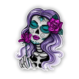 Sugar Skull Gril Teal Purple Day of The Dead Vinyl Sticker (4 inches tall)