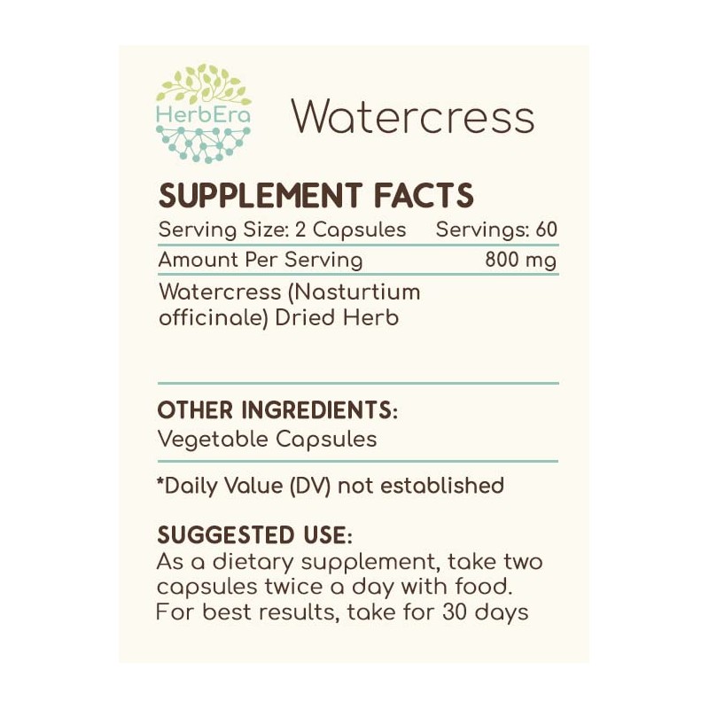 HerbEra Watercress 120 Capsules, 800 mg, Watercress (Nasturtium Officinale) Dried