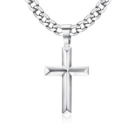 Fansilver 925 Sterling Silver Cross Pendant Necklace Diamond-Cut Cuban Link Chain Necklace Highly Polished Beveled Edge Cross Chain Necklace Silver Cross Necklace for Men Women 18 Inches