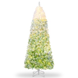 6FT Pencil Christmas Tree Prelit, Green Gradient Snow Flocked Holiday Decoration Xmas Tree with 100 Dual Color LED Lights & 320 Branch Tips, Includes Metal Stand