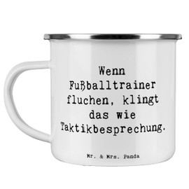 Mr. & Mrs. Panda Camping Emaille Tasse Spruch Fußballtrainer Taktik - Geschenk, Fußball Sprüche, Tasse Emaille, Spielfeld, Taktikbesprechung Fluch,