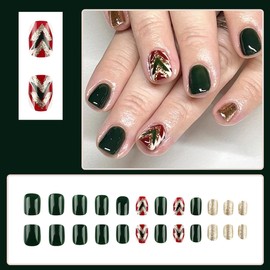 YEFIUO Christmas Green Press on Nails Short Square Xmas Fake Nails Press ons Nail Art Tip Full Cover Acrylic False Nails Glue on Nails Stick on Nails with Gold Glitter Tree Design for Women 24 Pcs