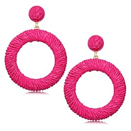 Woven Rattan Earrings Boho Colored Straw Wicker Braid Drop Dangle Earrings Handmade Round Circle Hoop Earrings Statement Stud Earrings For Women