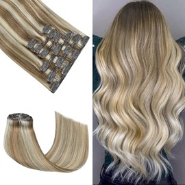 Honsoo Remy Human Hair Extensions Clip Ins Ash Blonde To Platinum Blonde 100g 12in 7pcs Clip On Hair For Women Highlights Straight Hair Extensions For Full Head