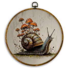 CUANFDDSF Whimsical Snail and Mushroom Round Wall Art Decor, Fantasy Nature Forest Wall Hanging Frame Decor, Rustic Cottagecore Canvas Prints Decorations for Home Bedroom Living Room, 10x10 Inch