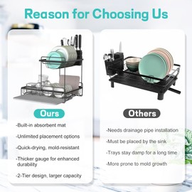 VABNEER Dish Drying Rack with Stone Drying Mat, 2 Tier/Quick-Drying/Stainless/Super Sturdy/Space-Saving, Dish Strainers for Kitchen Counter, Escurridor de Trastes para Cocina (Black)