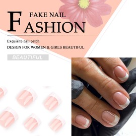 Ceboic 24Pcs Short French False Nails, Square Nude Ballerina Press on Nails with Glue Stickers, Acrylic Full Cover Fake Nails Removable Stick on Nails for Women and Girls - White Border