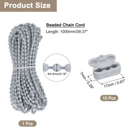 sourcing map Curtain Beaded Chain Cord, 10 Meter/10.9 Yards Roller Blind Bead Chain Cord Plastic Beaded Pull String with 10 Blind Chain Connectors for Roller Blind Replacement Part, Grey