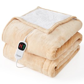 Homemate Electric Heated Blanket Twin - 62"x84" Heating Bed Blankets Throw with 10 Heating Levels 8 Hours Auto Off Fast Heating Over-Heated Protection Ultra Soft Warm Flannel ETL Certified Beige