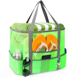 Mesh Beach Bag, Large Beach Bag Swimming Bag Foldable Mesh Tote for Your Family Beach Trip (Green)