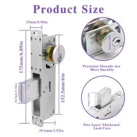 Commercial Door Lock with Deadbolt ，Storefront Door Mortise Lock，Swing Deadbolt & Cylinder Combo, with Key for Aluminum/Zinc Alloy Shop Doors,Silver 1-1/8" Backset