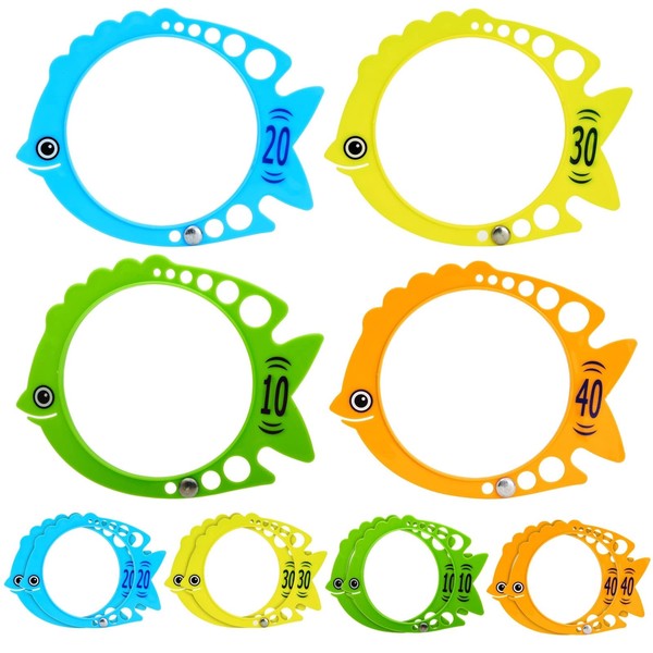 BLUE PANDA 12-Pack Fish-Shaped Diving Rings for Pool, Kids, 7x6-Inch Swim Training Dive Rings, Underwater Pool Sinking Toys, Bulk Gift Set, Numbered 10, 20, and 30 for Game Score