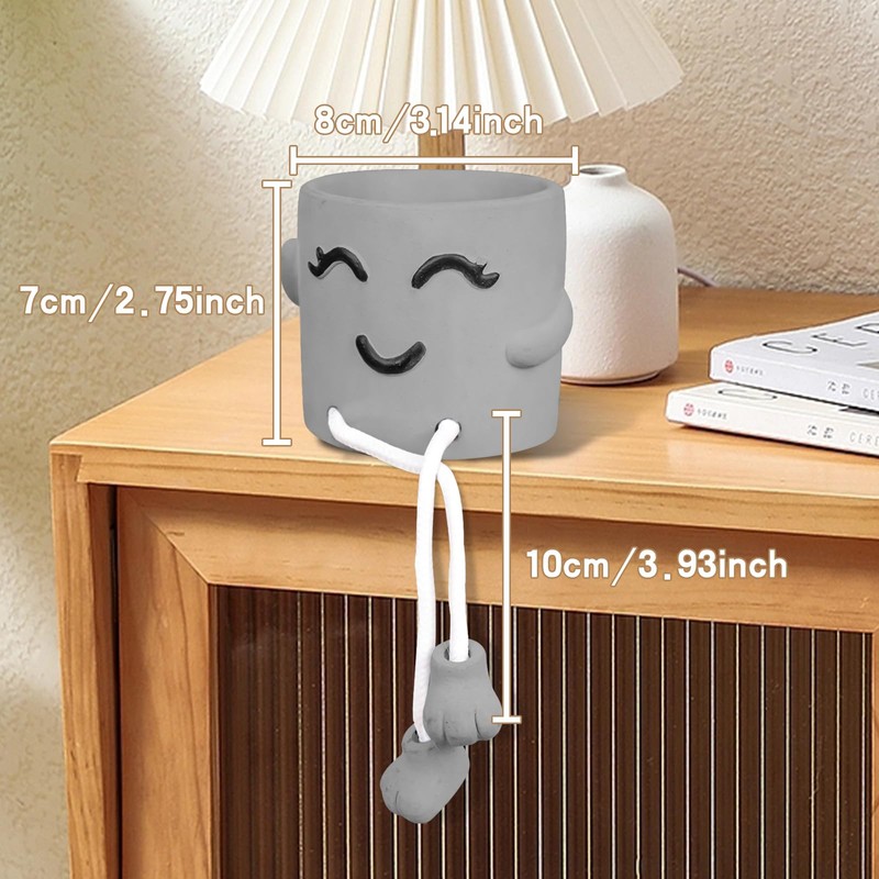 Uguisu 1 Piece Gray Cute Smiley Cement Planter, Small Plant