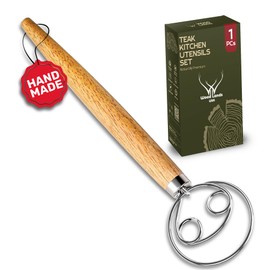 13 Inch Danish Dough Whisk Stainless Steel Hook with Long Wooden Handle – Essential Dough Whisk & Sourdough Bread Baking Supplies for Mixing, Whisking & Baking Pizza Dough