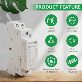 Wengart 25A AC/DC Contactor 2-Pole 2NO for Smart Home & EV Installers to Stop Panel Buzzing Noise via UL Recognized Hum-Free Silent 18mm DIN Rail Design