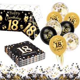 HOWAF 18th Birthday Decoration, Black Gold Happy Birthday Napkins, 18th Birthday Balloons, Tablecloth, Birthday Table Decoration, Confetti Set for Decoration 18th Birthday Boy Girl