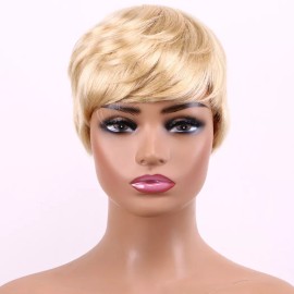 BM Peluca Corta De Cabello Humano Natural, Peluca Rubia Con Fle