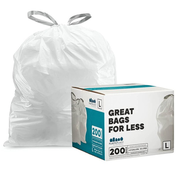 Plasticplace simplehuman (x) Code L Compatible (200 Count) │ Drawstring Garbage Liners, White