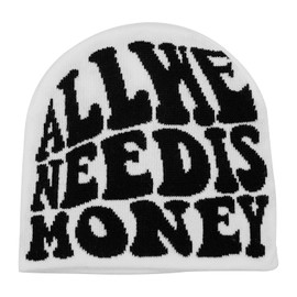 YAMEIZE Trendy Beanie Hat for Women Men - Money Letter Graphic Beanies Soft Slouchy Knitted Hat Grunge Rap Skull Cap White Black