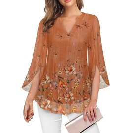 VALOLIA Evening Tops for Women: 3/4 Sleeve - Plus Size Dressy Tops - Lightweight Flowy Dress Shirts Work Clothes for Office - Tummy Control - 2024 Orange XL
