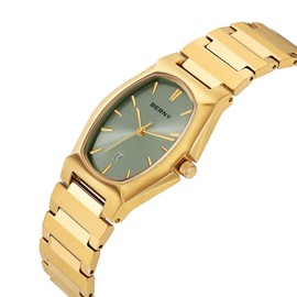 BERNY Watch for Men Quratz Movement Male Luxury Gold Watches Waterproof Classic Wristwatch, light green, Bracelet
