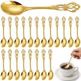 Dandat 20 Pcs 4.9" Vintage Fancy Gold Teaspoons Coffee, Tea Party, Dessert Spoons, Stainless Steel Mini Spoons for Tea, Coffee, Dessert, Wedding, Party Tableware