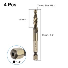 sourcing map 4pcs Combination Drill and Tap Bits Metric M6 x 1 Thread 1/4" Hex Shank Roasted Yellow Threading Screw Taps 6542 High Speed Steel Machine Drilling Tapping Tool Kit