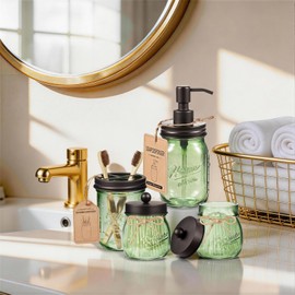 Amolliar Mason Jar Bathroom Accessories Set, 4 Pcs Green Glass Bathroom Set