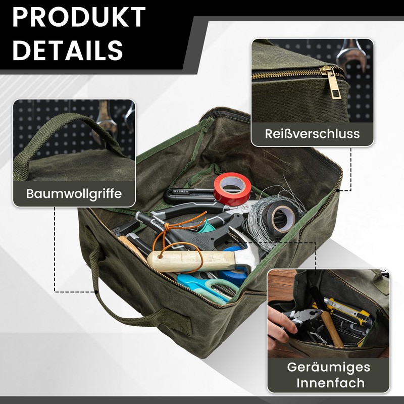 Canvas Tool Bag, Zippered Tool Pouch with Handle, 16 oz