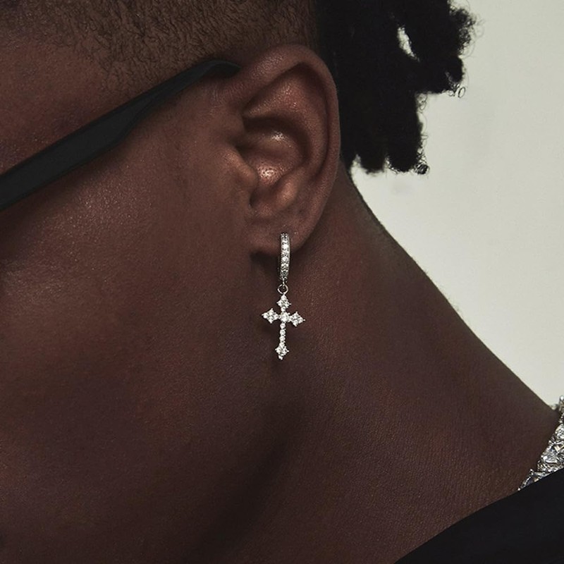 Generic Cross Earrings, Silver Dangle Hoop, Huggie, CZ Stones