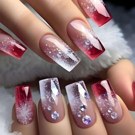 QQPPOLIU Long Press on Nails Square Fake Nails Nude To Red False Nails with Rhinestones Design Full Cover Nails 24pcs